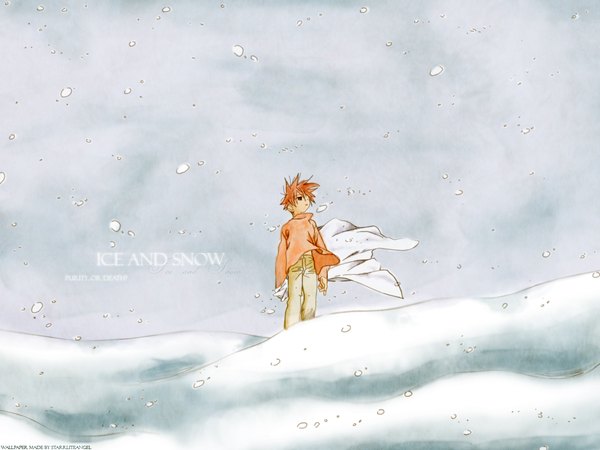 Anime picture 1280x960 with d.n.angel xebec niwa daisuke single short hair standing looking away sky outdoors long sleeves wind orange hair winter snow third-party edit boy pants sweater