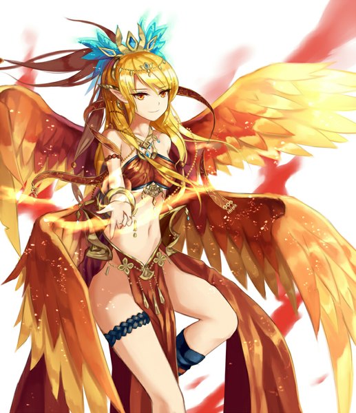 Anime picture 889x1030 with soccer spirits vermilion bird (soccer spirits) natsumoka single long hair tall image fringe light erotic blonde hair smile red eyes standing bare shoulders looking away bent knee (knees) ponytail pointy ears bare belly alternate costume outstretched arm
