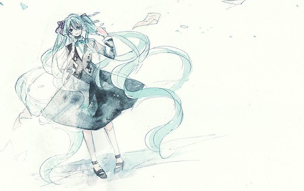 Anime picture 1000x631 with vocaloid hatsune miku shiratsuyu single looking at viewer simple background white background twintails very long hair aqua eyes wind aqua hair traditional media watercolor (medium) girl ribbon (ribbons) hair ribbon socks white socks
