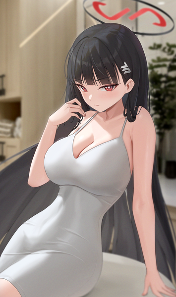 Anime picture 1850x3128 with blue archive rio (blue archive) rinrasetsu single tall image looking at viewer blush fringe highres breasts light erotic black hair red eyes large breasts sitting bare shoulders cleavage indoors very long hair arm up