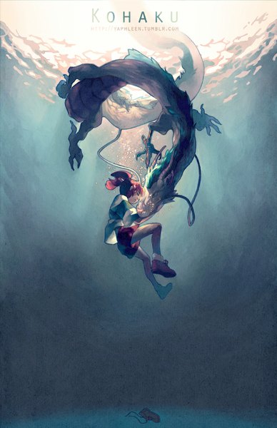 Anime picture 647x1000 with spirited away studio ghibli haku (spirited away) ogino chihiro haku (dragon) yaphleen tall image fringe brown hair ponytail eyes closed horn (horns) wet happy wet clothes underwater fantasy girl socks shoes