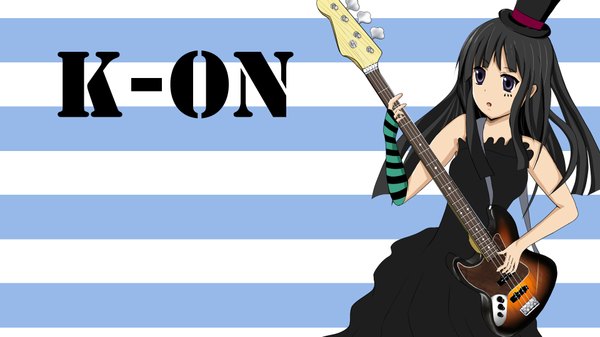 Anime picture 1920x1080 with k-on! kyoto animation akiyama mio welrodhunk single long hair highres open mouth black hair wide image bare shoulders grey eyes copyright name playing instrument striped background girl dress hat black dress musical instrument