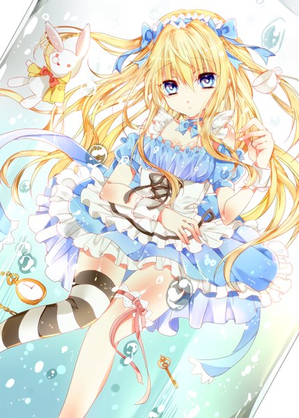 Anime picture 1000x1398 with alice in wonderland alice (wonderland) bariko single long hair tall image looking at viewer blue eyes blonde hair girl thighhighs dress frills headdress toy stuffed animal striped thighhighs bubble (bubbles) clock cup