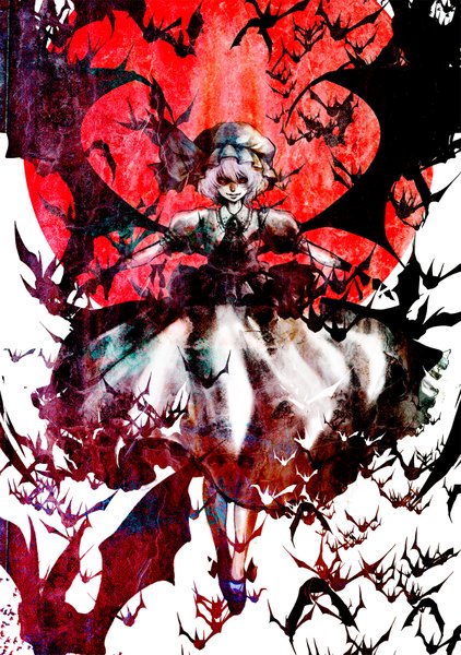 Anime picture 1200x1705 with touhou remilia scarlet single tall image fringe short hair red eyes white hair light smile pale skin flying bat wings red moon girl animal bonnet bat