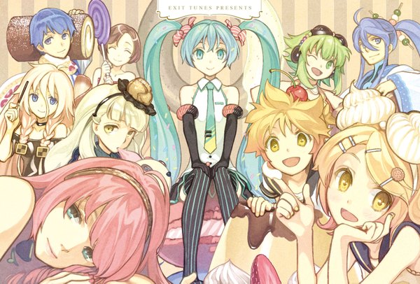 Anime picture 1600x1083 with vocaloid exit tunes hatsune miku megurine luka kagamine rin kagamine len gumi kaito (vocaloid) meiko ia (vocaloid) kamui gakupo mayu (vocaloid) usano mimi hidari (left side) long hair looking at viewer fringe short hair open mouth blue eyes