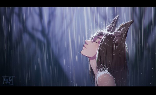 Anime picture 1024x627 with original katrin fox kate-fox single fringe brown hair wide image bare shoulders signed animal ears eyes closed profile lips letterboxed rain eyebrows wolf ears bare tree wolf girl 2015