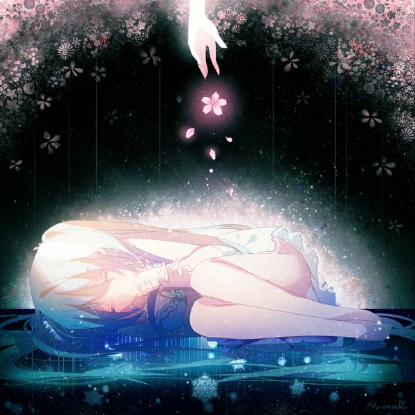 Anime picture 900x900 with vocaloid hatsune miku filiananna single long hair fringe breasts twintails cleavage lying eyes closed barefoot bare legs legs lens flare on side reflection glow embryo's pose girl