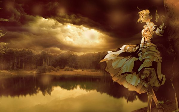 Anime picture 1280x800 with fate (series) fate/stay night studio deen type-moon artoria pendragon (all) saber saber lily short hair blonde hair wide image sky cloud (clouds) reflection landscape lake girl dress bow hair bow tree (trees)