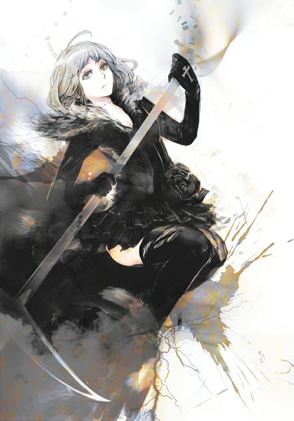 Anime picture 700x1000 with original wyx2 single long hair tall image looking at viewer fringe grey hair grey eyes drill hair girl thighhighs dress skirt gloves hair ornament flower (flowers) weapon black thighhighs black gloves
