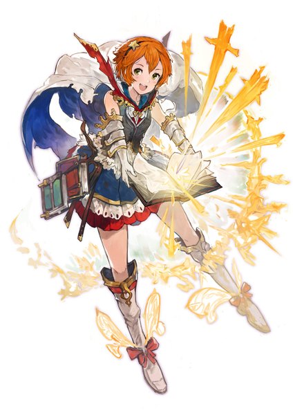 Anime picture 1000x1415 with love live! school idol project granblue fantasy sunrise (studio) love live! hoshizora rin alchemaniac single tall image looking at viewer blush short hair open mouth holding green eyes orange hair outstretched arm magic happy girl gloves