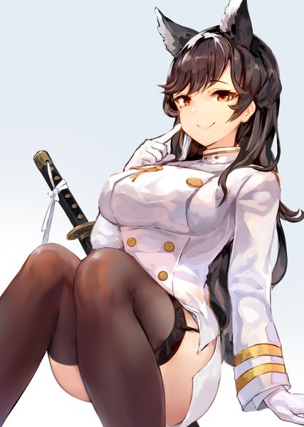 Anime picture 1050x1475 with azur lane atago (azur lane) suke single long hair tall image fringe breasts light erotic black hair simple background smile large breasts sitting brown eyes animal ears long sleeves gradient background finger to mouth side slit