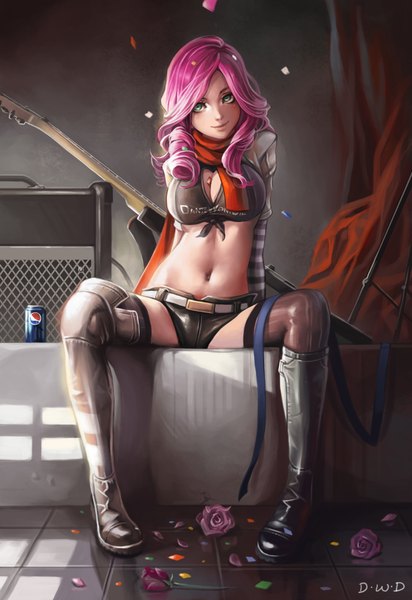 Anime picture 1300x1890 with original pepsi dantewontdie single long hair tall image breasts light erotic smile sitting green eyes looking away pink hair lips inscription shadow midriff drill hair product placement girl