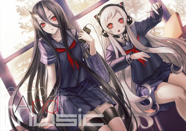 Anime picture 1300x919 with kantai collection battleship-symbiotic hime airfield hime infukun long hair looking at viewer black hair hair between eyes red eyes sitting multiple girls white hair horn (horns) inscription alternate costume oni horns white skin shinkaisei-kan girl thighhighs