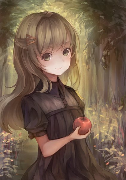 Anime picture 800x1136 with original somma single long hair tall image looking at viewer smile brown hair brown eyes girl dress plant (plants) tree (trees) fruit apple