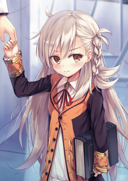 Anime picture 637x900 with fate (series) fate/grand order olga marie animusphere olga marie ouka (ra-raradan) long hair tall image looking at viewer blush fringe hair between eyes holding brown eyes silver hair braid (braids) holding hands solo focus messy hair girl shirt