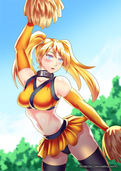 Anime picture 636x900 with naruto studio pierrot naruto (series) naruko haryudanto single long hair tall image blush blue eyes light erotic blonde hair twintails looking away sky arm up embarrassed muscle genderswap cheerleader