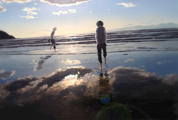 Anime picture 1500x1016 with original nafuda short hair black hair sky cloud (clouds) white hair barefoot multiple boys reflection scenic hands in pockets twisty sleeves boy shirt water shoes sea 2 boys pants