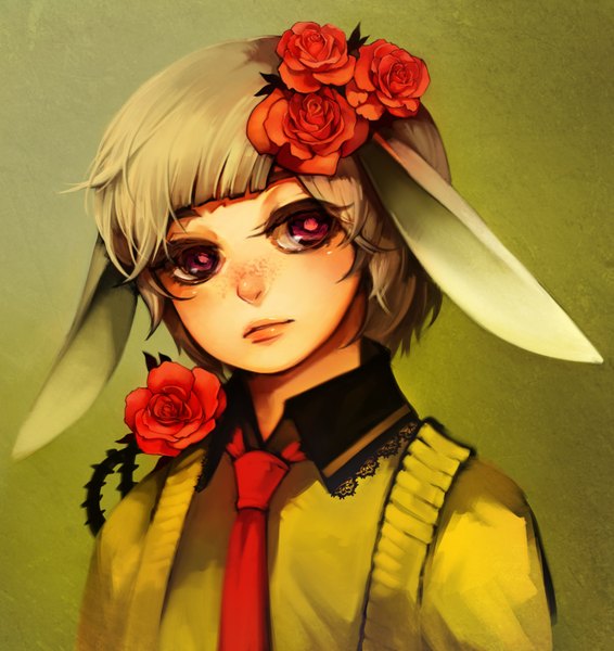 Anime picture 2842x3008 with original ippus na young lee single tall image highres short hair blonde hair purple eyes animal ears hair flower bunny ears portrait freckles girl hair ornament flower (flowers) necktie rose (roses)