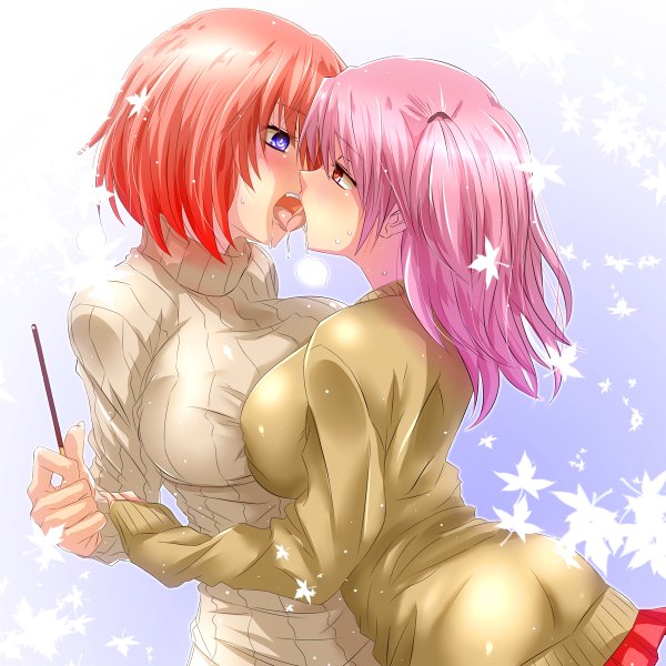 Anime picture 1200x1200 with original watarui blush short hair breasts open mouth blue eyes light erotic red eyes large breasts twintails multiple girls pink hair red hair short twintails shoujo ai saliva face to face eye contact french kiss