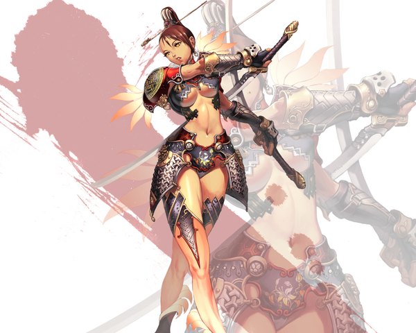 Anime picture 1600x1280 with blade & soul breasts light erotic brown hair ponytail orange hair zoom layer girl navel hair ornament weapon sword armor