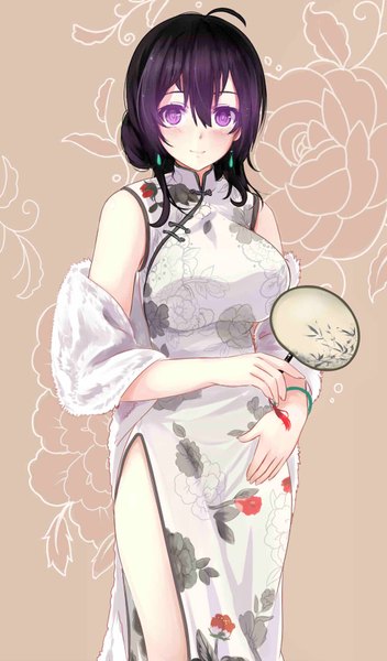 Anime picture 1000x1700 with original miyaura sanshio beifeng han single long hair tall image looking at viewer blush fringe breasts black hair smile hair between eyes large breasts standing purple eyes holding ahoge traditional clothes hair bun (hair buns)