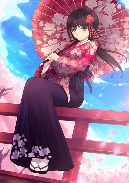 Anime picture 800x1131 with original daiaru single long hair tall image looking at viewer blush black hair sitting brown eyes sky cloud (clouds) traditional clothes japanese clothes cherry blossoms girl hair ornament plant (plants) tree (trees) umbrella