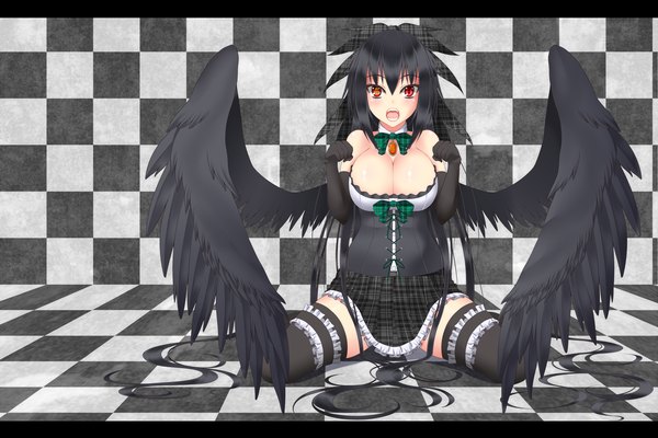 Anime picture 2250x1500 with touhou reiuji utsuho gmot single long hair looking at viewer blush highres breasts open mouth light erotic black hair large breasts heterochromia checkered background girl thighhighs gloves bow black thighhighs