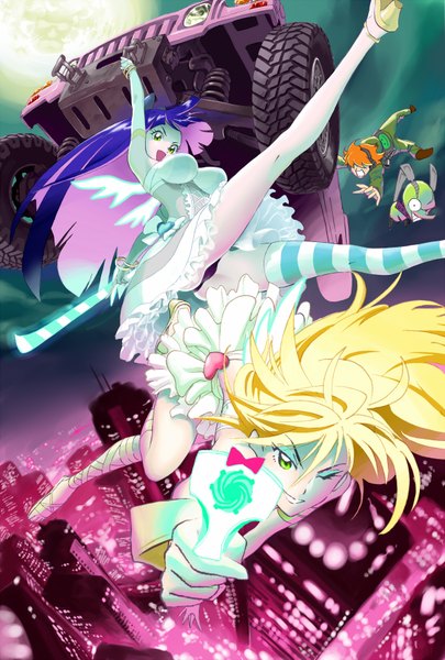 Anime picture 1196x1772 with panty & stocking with garterbelt anarchy stocking anarchy panty chuck rock briefers yamashita bungo long hair tall image looking at viewer short hair breasts open mouth light erotic blonde hair large breasts multiple girls green eyes pink hair purple hair one eye closed
