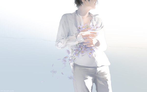Anime picture 1521x955 with original re (artist) single short hair black hair standing holding lips open collar boy flower (flowers) shirt petals white shirt