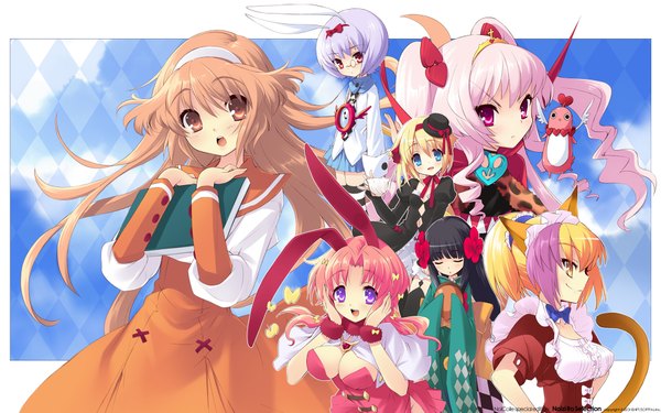 Anime picture 1920x1200 with alice parade kimagure neko miori (alice parade) silk (alice parade) odoodo funny lavinia (alice parade) luna (alice parade) yaname (alice parade) emudori itou noiji long hair looking at viewer highres short hair breasts blue eyes black hair blonde hair brown hair wide image