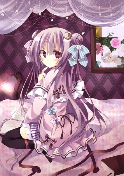 Anime picture 2088x2946 with touhou patchouli knowledge kamioto musu long hair tall image blush highres purple eyes purple hair girl thighhighs dress flower (flowers) bow black thighhighs hair bow