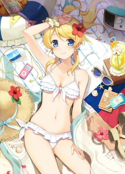 Anime picture 620x860 with love live! school idol project sunrise (studio) love live! ipod ayase eli 6u (eternal land) single long hair tall image looking at viewer blush fringe breasts blue eyes light erotic blonde hair bare shoulders cleavage ponytail lying