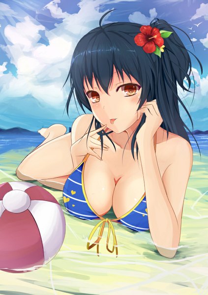 Anime picture 595x842 with original chuxue single long hair tall image blush breasts light erotic black hair large breasts bare shoulders sky cloud (clouds) ahoge bent knee (knees) ponytail lying barefoot hair flower bare legs