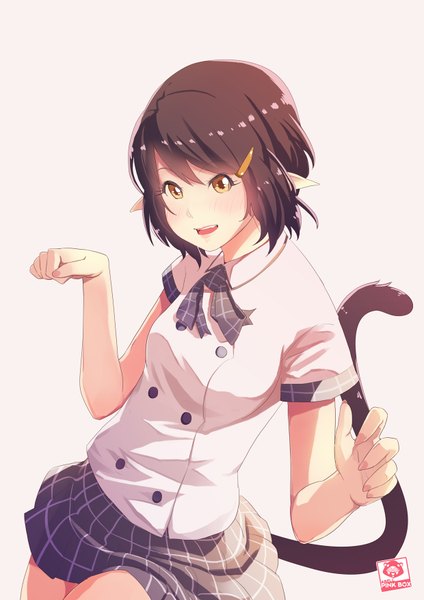 Anime picture 1240x1754 with dream-of-abell single tall image looking at viewer blush short hair black hair simple background brown eyes tail animal tail pointy ears grey background cat tail girl skirt hair ornament hairclip