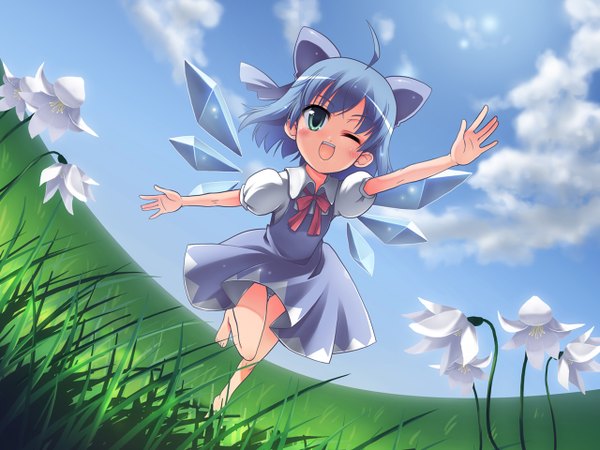 Anime picture 1280x960 with touhou cirno morujii blue hair sky cloud (clouds) ahoge one eye closed barefoot aqua eyes wink wallpaper girl flower (flowers) ribbon (ribbons) plant (plants) wings grass