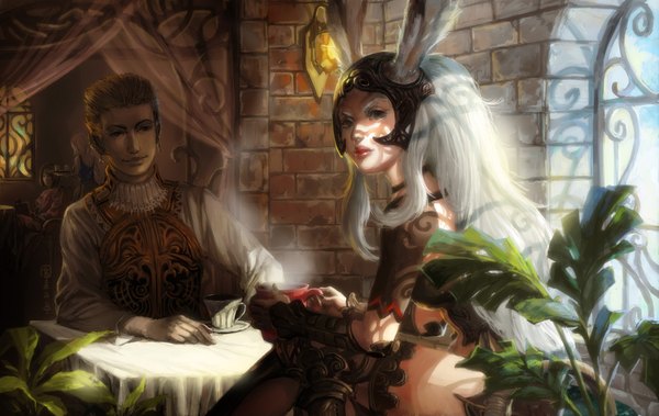 Anime picture 1600x1012 with final fantasy final fantasy xii square enix viera fran balthier mugon long hair animal ears white hair lips bunny ears dark skin plant (plants) earrings leaf (leaves) jewelry cup