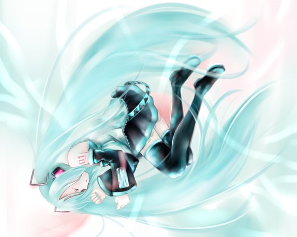 Anime picture 1280x1024 with vocaloid hatsune miku tsukei single twintails bare shoulders full body eyes closed very long hair profile aqua hair girl detached sleeves boots thigh boots