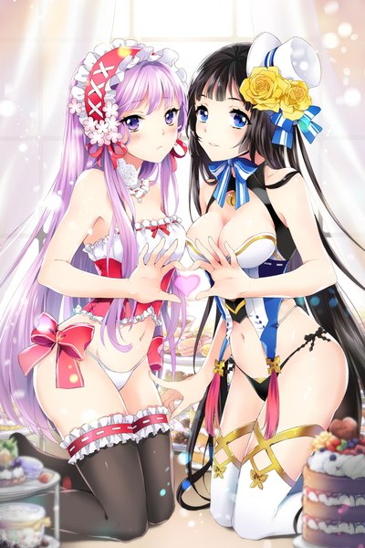 Anime picture 667x1000 with sword girls crux knight pintail (sword girls) nexia (sword girls) mca (dessert candy) tall image looking at viewer blush breasts blue eyes light erotic black hair purple eyes multiple girls pink hair very long hair light smile kneeling groin heart hands girl