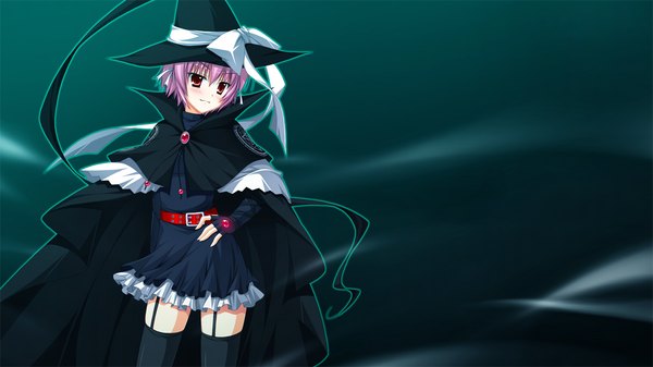 Anime picture 1280x720 with fortissimo//akkord:bsusvier (game) ooba kagerou blush short hair red eyes wide image game cg purple hair girl witch hat