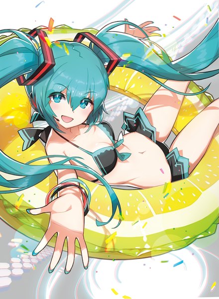 Anime picture 734x1000 with vocaloid hatsune miku saitou naoki single long hair tall image looking at viewer blush breasts open mouth light erotic smile sitting twintails bare shoulders payot nail polish :d aqua eyes fingernails