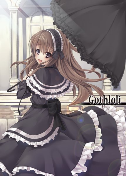 Anime picture 1000x1399 with original asa (swallowtail) single long hair tall image blush open mouth brown hair brown eyes looking back girl dress frills hairband umbrella