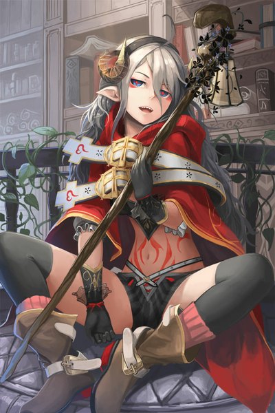 Anime picture 600x900 with chain chronicle sega akira0171 single long hair tall image looking at viewer fringe open mouth blue eyes red eyes sitting holding silver hair bent knee (knees) indoors horn (horns) pointy ears teeth tattoo