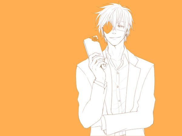Anime picture 1280x960 with d.gray-man lavi single short hair simple background white hair light smile monochrome open collar orange background white eyes boy earrings shirt eyepatch suit gift