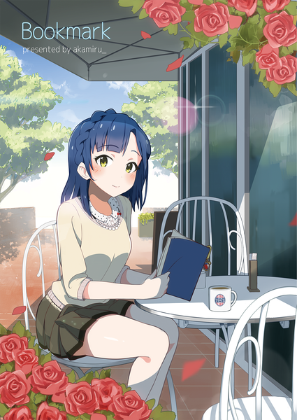 Anime picture 1200x1692 with idolmaster idolmaster million live! nanao yuriko akame (akamiru) single long hair tall image looking at viewer blush fringe smile sitting signed yellow eyes blue hair sky cloud (clouds) girl flower (flowers) plant (plants)