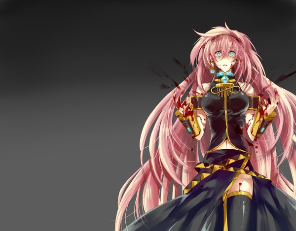 Anime picture 1364x1067 with vocaloid megurine luka soulberry (ayano) single blue eyes simple background bare shoulders pink hair very long hair wallpaper black background girl thighhighs black thighhighs detached sleeves hairband blood