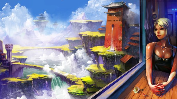 Anime picture 2560x1440 with original syuyu (pixiv) highres short hair wide image sitting sky cleavage dark skin holding hands landscape waterfall fog train interior floating island girl flower (flowers) water window table