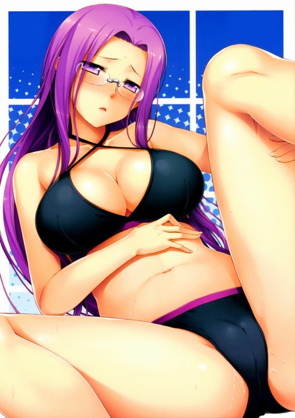 Anime picture 3338x4732 with fate (series) fate/stay night studio deen type-moon rider single long hair tall image blush highres breasts light erotic large breasts purple eyes absurdres purple hair scan girl navel swimsuit