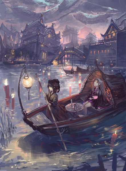 Anime picture 877x1190 with original pixiv fantasia pixiv fantasia new world alcd long hair tall image short hair black hair sitting multiple girls sky traditional clothes japanese clothes green hair city reflection river girl plant (plants) tree (trees)