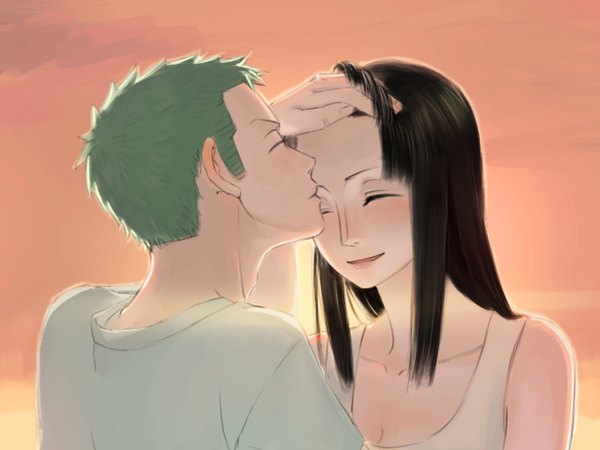 Anime picture 1600x1200 with one piece toei animation nico robin roronoa zoro totsukitouka long hair blush short hair black hair smile bare shoulders sky eyes closed green hair couple evening sunset kiss forehead kiss girl