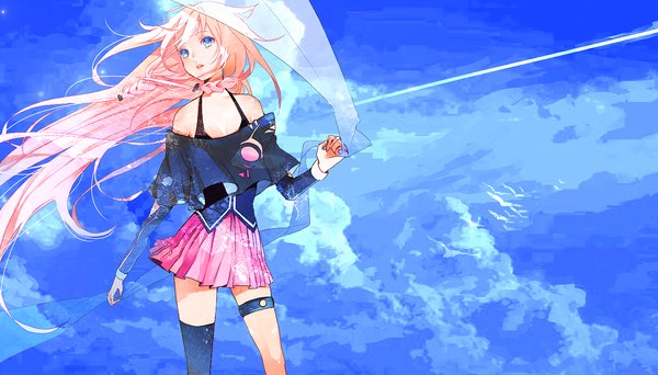 Anime picture 1400x800 with vocaloid ia (vocaloid) hebi (yurari) single long hair blue eyes blonde hair wide image bare shoulders looking away sky cloud (clouds) braid (braids) pleated skirt wind twin braids girl thighhighs animal bird (birds)